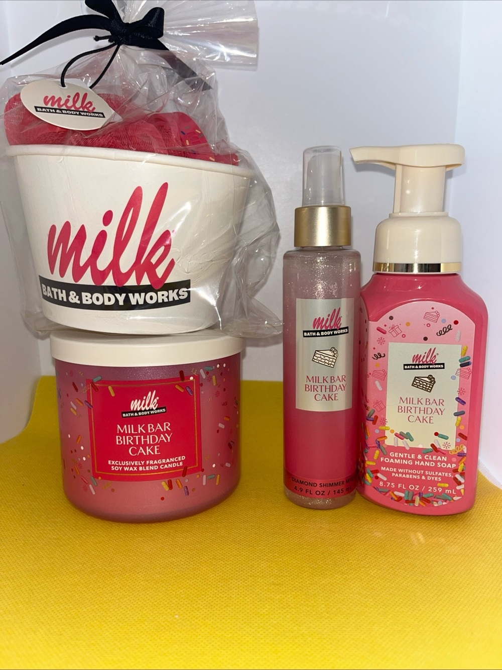 NEW Bath & Body Works Milk Bar Birthday Cake 4 Piece Set plus a free gift